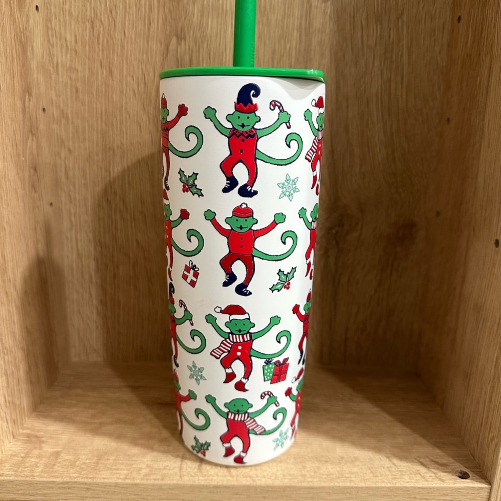 Roller Rabbit Festive Monkey Tumbler - Green, Red, White